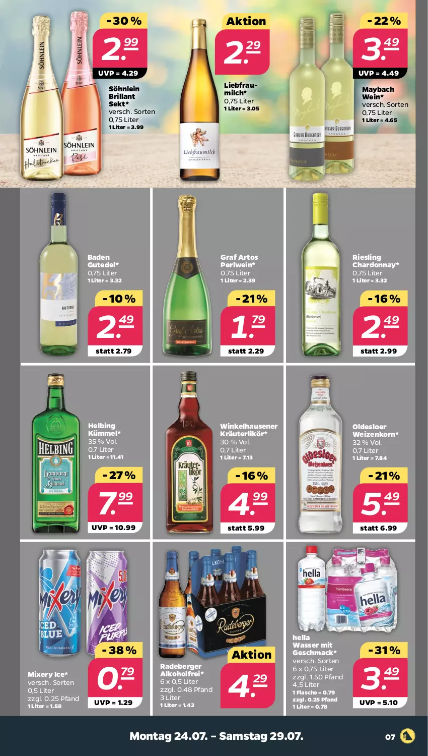 Aktueller Prospekt Netto - Woche 30 - von 24.07 bis 29.07.2023 - strona 7 - produkty: alkohol, Bad, Berger, brillant sekt, chardonnay, flasche, hella, korn, kräuter, kräuterlikör, likör, mac, maybach, milch, Mixer, mixery, oldesloer, radeberger, riesling, sekt, söhnlein, söhnlein brillant, Ti, wasser, wein, weizenkorn, winkelhausen