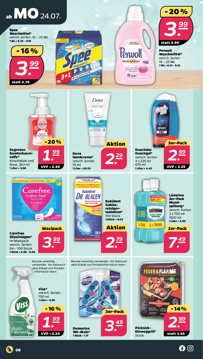 Aktueller Prospekt Netto - Woche 30 - von 24.07 bis 29.07.2023 - strona 8 - produkty: bio, Blüte, carefree, creme, domestos, dove, duschdas, duschgel, Einweggrill, grill, handcreme, kirsch, Kukident, listerine, mundspülung, perwoll, Rauch, reiniger, rwe, sagrotan, Seife, slip, slipeinlagen, spee, spülung, tablet, tablett, Tablette, Ti, waschmittel