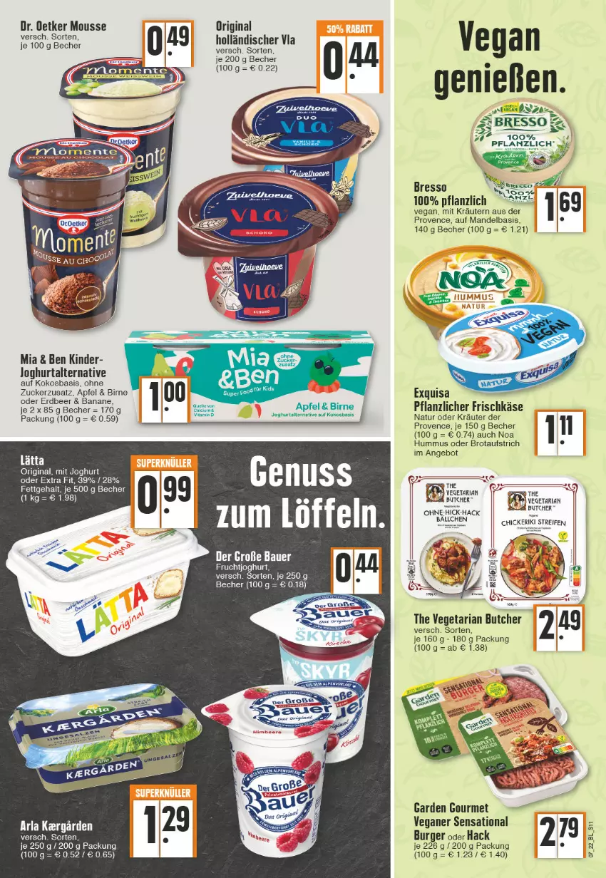 Aktueller Prospekt Edeka - Angebote der Woche - von 14.02 bis 19.02.2022 - strona 11 - produkty: angebot, apfel, auer, aufstrich, banane, Bau, Bauer, Becher, bresso, brot, brotaufstrich, burger, exquisa, frischkäse, frucht, fruchtjoghurt, garden gourmet, gin, hummus, joghur, joghurt, Käse, Kinder, kokos, kräuter, kräutern, mandel, mousse, natur, nuss, oder kräuter, Ria, The Vegetarian Butcher, Ti, Vegeta, vita, zucker