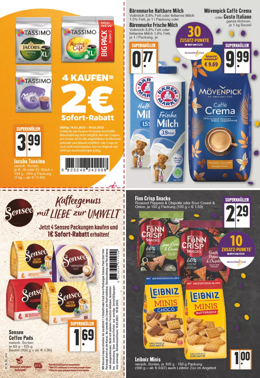 Aktueller Prospekt Edeka - Angebote der Woche - von 14.02 bis 19.02.2022 - strona 14 - produkty: Abba, angebot, bärenmarke, Bau, beutel, bohne, bohnen, Brei, caffe, coupon, deutschland card, eis, frische milch, haltbare milch, kaffee, kaffeegenuss, leibniz, milch, mövenpick, nuss, senseo, senseo pads, sim, snack, snacks, sofort-rabatt, sour cream, tassimo, Ti, vollmilch