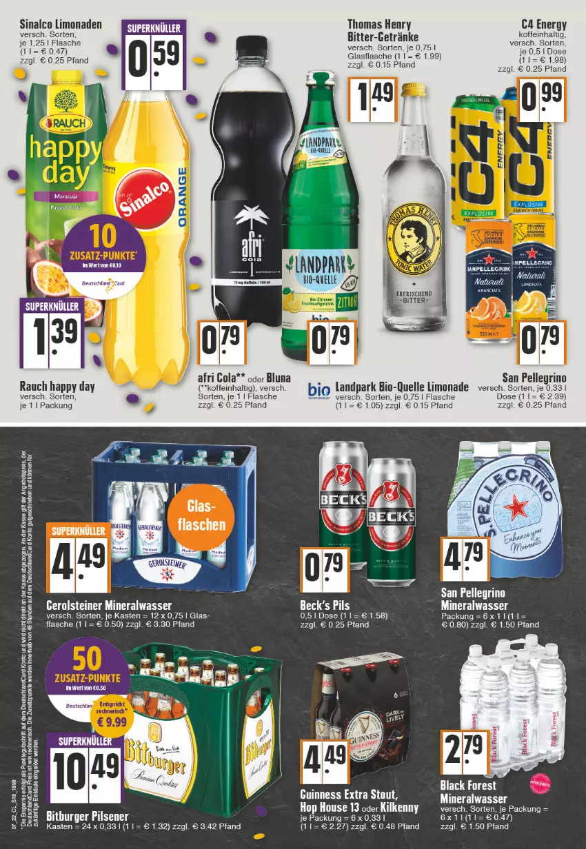 Aktueller Prospekt Edeka - Angebote der Woche - von 14.02 bis 19.02.2022 - strona 18 - produkty: Afri Cola, Alwa, bio, bitburger, bitburger pils, black forest, burger, cola, deutschlandcard, elle, erde, flasche, gerolsteine, gerolsteiner, getränk, getränke, glasflasche, Happy Day, Kilkenny, lack, LG, limo, limonade, limonaden, maracuja, mineralwasser, pils, pilsener, Rauch, san pellegrino, sinalco, steiner, thomas henry, Ti, wasser