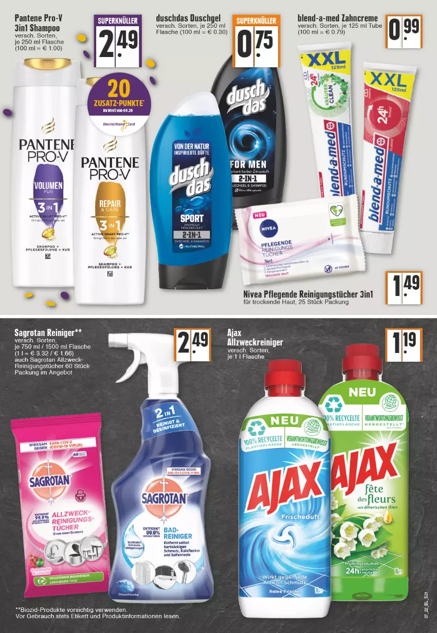 Aktueller Prospekt Edeka - Angebote der Woche - von 14.02 bis 19.02.2022 - strona 21 - produkty: ajax, angebot, bio, blend-a-med, creme, duschgel, flasche, nivea, pantene, pantene pro-v, Pflegespülung, pro-v, Rauch, reiniger, Reinigung, reinigungstücher, rwe, sagrotan, Seife, shampoo, spülung, Ti, tücher, weck, zahncreme