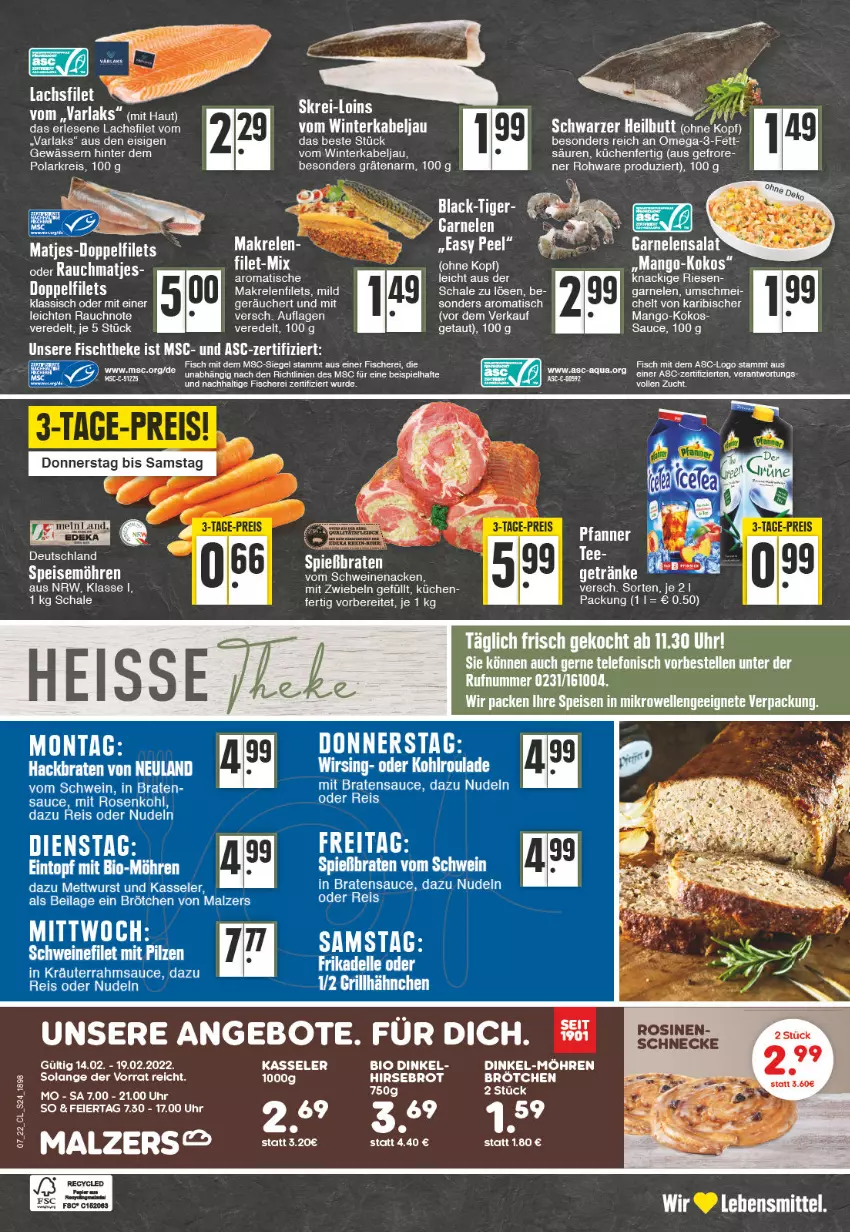 Aktueller Prospekt Edeka - Angebote der Woche - von 14.02 bis 19.02.2022 - strona 24 - produkty: angebot, angebote, arla, bio, braten, brötchen, eintopf, eis, elle, filet, filets, fisch, fische, Fischer, fischtheke, grill, grillhähnchen, ilag, kasseler, kokos, kräuter, küche, Küchen, lachs, lachsfilet, lack, lebensmittel, Makrele, Makrelenfilets, malz, mango, matjes, Mett, mettwurst, mit zwiebeln, möhren, nudel, nudeln, omega, Omega-3, Rauch, reis, rel, sauce, Schal, Schale, Schere, schwein, schweine, schweinenacken, tee, telefon, Ti, tisch, topf, vom schweinenacken, wein, weine, wurst, zwiebel, zwiebeln