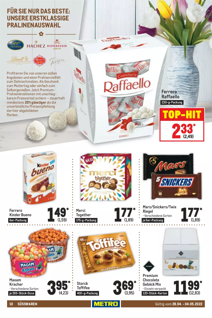 Aktueller Prospekt Metro - Food - von 28.04 bis 04.05.2022 - strona 10 - produkty: angebot, angebote, auer, cola, eis, ferrero, Kinder, kinder bueno, kracher, maoam, mars, merci, pralinen, preisvorteil, raffaello, reis, riegel, snickers, storck, süsswaren, Ti, Tiere, toffifee, top-hit, twix