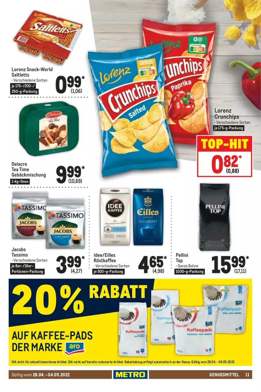 Aktueller Prospekt Metro - Food - von 28.04 bis 04.05.2022 - strona 11 - produkty: auto, bohne, chips, crunchips, gebäckmischung, jacobs, jacobs tassimo, kaffee, kaffee-pads, LG, lorenz, lorenz crunchips, nuss, röstkaffee, saltletts, sim, snack, tassimo, Ti, tisch, top-hit