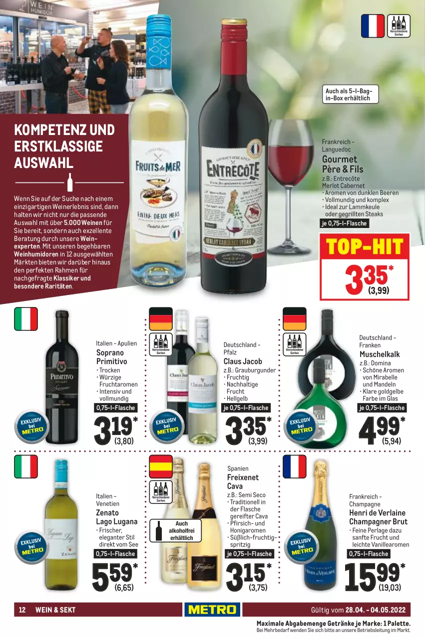 Aktueller Prospekt Metro - Food - von 28.04 bis 04.05.2022 - strona 12 - produkty: beere, beeren, brut, burgunder, cabernet, Cava, champagne, champagner, elle, ente, entrecôte, flasche, freixenet, frucht, getränk, getränke, gin, grauburgunder, grill, Henri de Verlaine, honig, lamm, lammkeule, LG, mandel, mandeln, merl, merlot, Palette, perla, pfirsich, primitivo, sekt, steak, steaks, Ti, top-hit, vanille, wein, weine