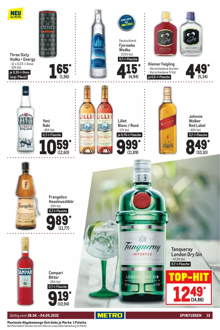 Aktueller Prospekt Metro - Food - von 28.04 bis 04.05.2022 - strona 13 - produkty: campari, dry gin, flasche, frangelico, getränk, getränke, gin, haselnuss, johnnie walker, kleiner feigling, leine, likör, lillet, london dry, london dry gin, nuss, Palette, spirituosen, Tanqueray, Three Sixty, Ti, top-hit, vodka, wodka, yeni raki