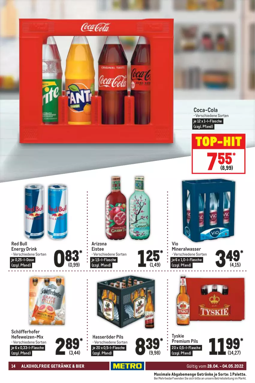 Aktueller Prospekt Metro - Food - von 28.04 bis 04.05.2022 - strona 14 - produkty: alkohol, alkoholfreie getränke, Alwa, bier, coca-cola, cola, drink, eis, eistee, energy drink, flasche, getränk, getränke, hasseröder, Hefe, hefeweizen, mineralwasser, Palette, pils, premium pils, red bull, schöfferhofer, tee, Ti, top-hit, tyskie, wasser