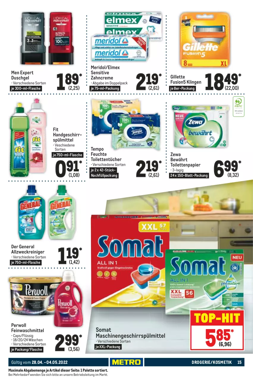 Aktueller Prospekt Metro - Food - von 28.04 bis 04.05.2022 - strona 15 - produkty: allzweckreiniger, Cap, creme, duschgel, elmex, feinwaschmittel, flasche, fusion5, geschirr, geschirrspülmittel, gillette, kosmetik, meridol, Palette, papier, perwoll, reiniger, somat, spülmittel, Tempo, Ti, toilettenpapier, toilettentücher, top-hit, tücher, waschmittel, weck, xxl-packung, zahncreme, zewa