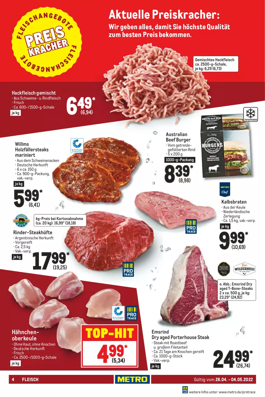 Aktueller Prospekt Metro - Food - von 28.04 bis 04.05.2022 - strona 4 - produkty: aust, beef, beko, braten, burger, eis, elle, filet, fleisch, hackfleisch, hackfleisch gemischt, Holz, holzfällersteaks, kracher, Metro, reis, rind, rinder, rindfleisch, roastbeef, Schal, Schale, schwein, schweine, schweinenacken, steak, steakhüfte, steaks, Ti, top-hit, wein, weine