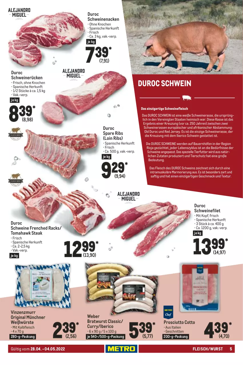 Aktueller Prospekt Metro - Food - von 28.04 bis 04.05.2022 - strona 5 - produkty: bratwurst, curry, eis, filet, fleisch, gin, Kalbfleisch, mit kalbfleisch, prosciutto, prosciutto cotto, schnitten, schwein, schweine, schweinefilet, schweinenacken, schweinerücken, spare ribs, steak, Ti, weber, wein, weine, wurst