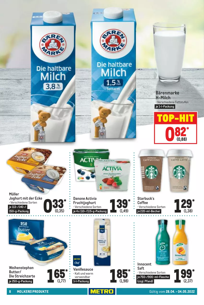 Aktueller Prospekt Metro - Food - von 28.04 bis 04.05.2022 - strona 8 - produkty: activia, bärenmarke, Becher, butter, danone, danone activia, flasche, frucht, fruchtjoghurt, Innocent, je 250-g-packung, joghur, joghurt, joghurt mit der ecke, milch, molkereiprodukte, Müller, rwe, saft, sauce, Streichzart, Ti, top-hit, vanille, Vanillesauce, weihenstephan