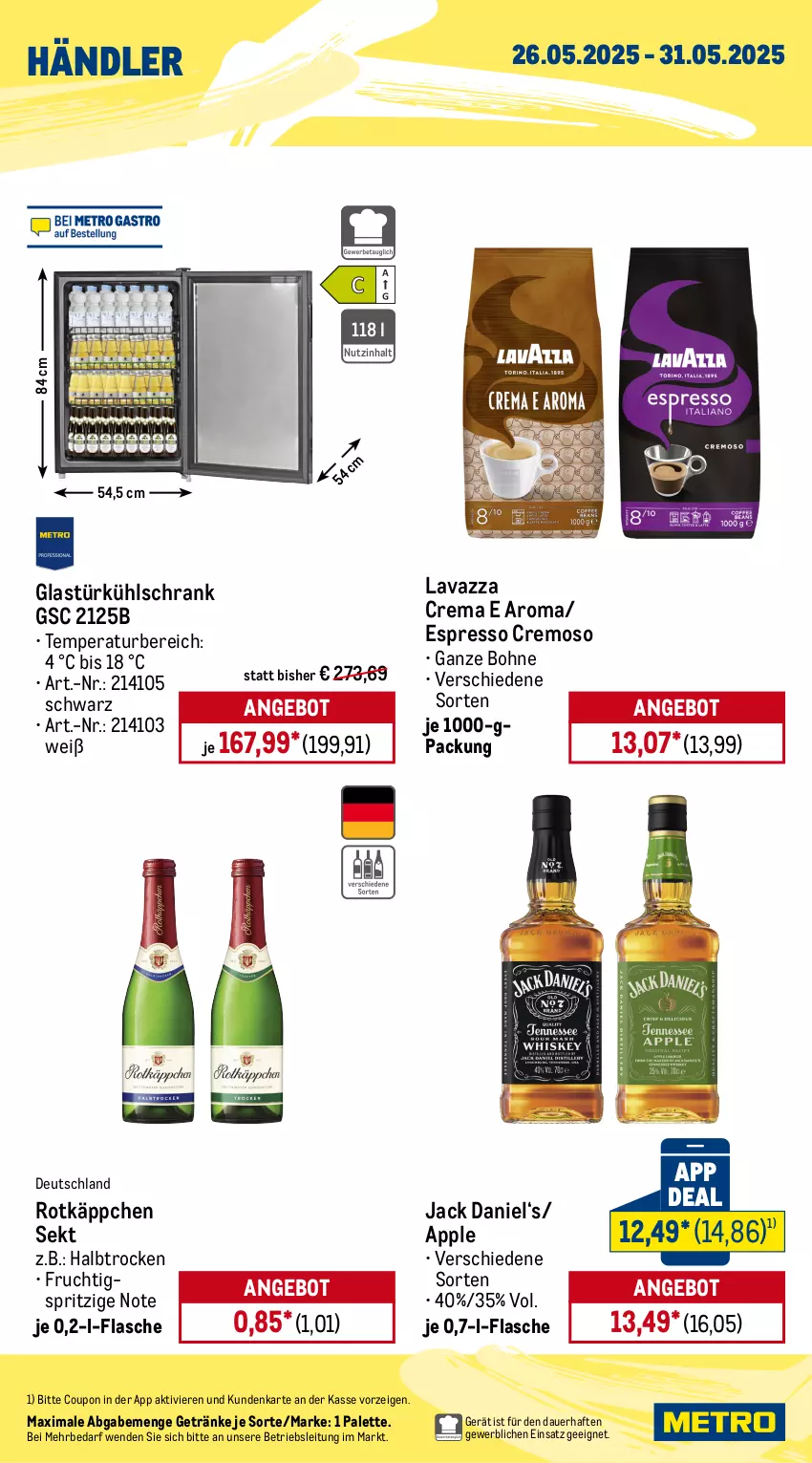 Aktueller Prospekt Metro - Wochen-Angebote Händler - von 26.05 bis 31.05.2025 - strona 2 - produkty: angebot, Apple, auer, auto, bohne, cola, coupon, espresso, flasche, frucht, getränk, getränke, Glastür, jack daniel, kühlschrank, lavazza, LG, natur, natura, Palette, rotkäppchen, Schrank, sekt, Ti, tisch