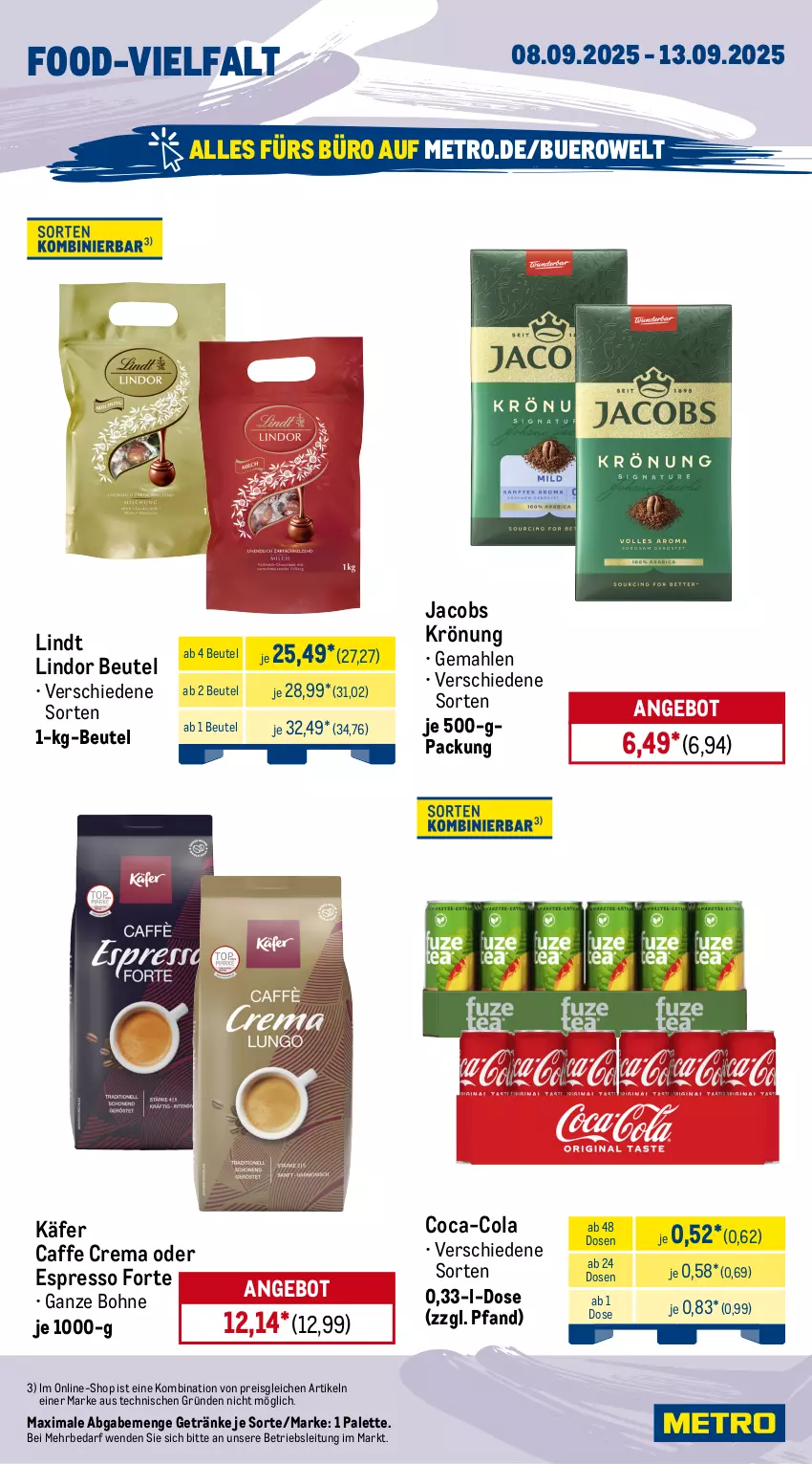 Aktueller Prospekt Metro - Wochen-Angebote - von 08.09 bis 13.09.2025 - strona 12 - produkty: angebot, beutel, bier, bio, bionade, bohne, caffe, coca-cola, cola, eis, elle, espresso, flasche, getränk, getränke, jacobs, jacobs krönung, käfer, lindor, lindt, Metro, oder espresso, Palette, reis, Three Sixty, Ti