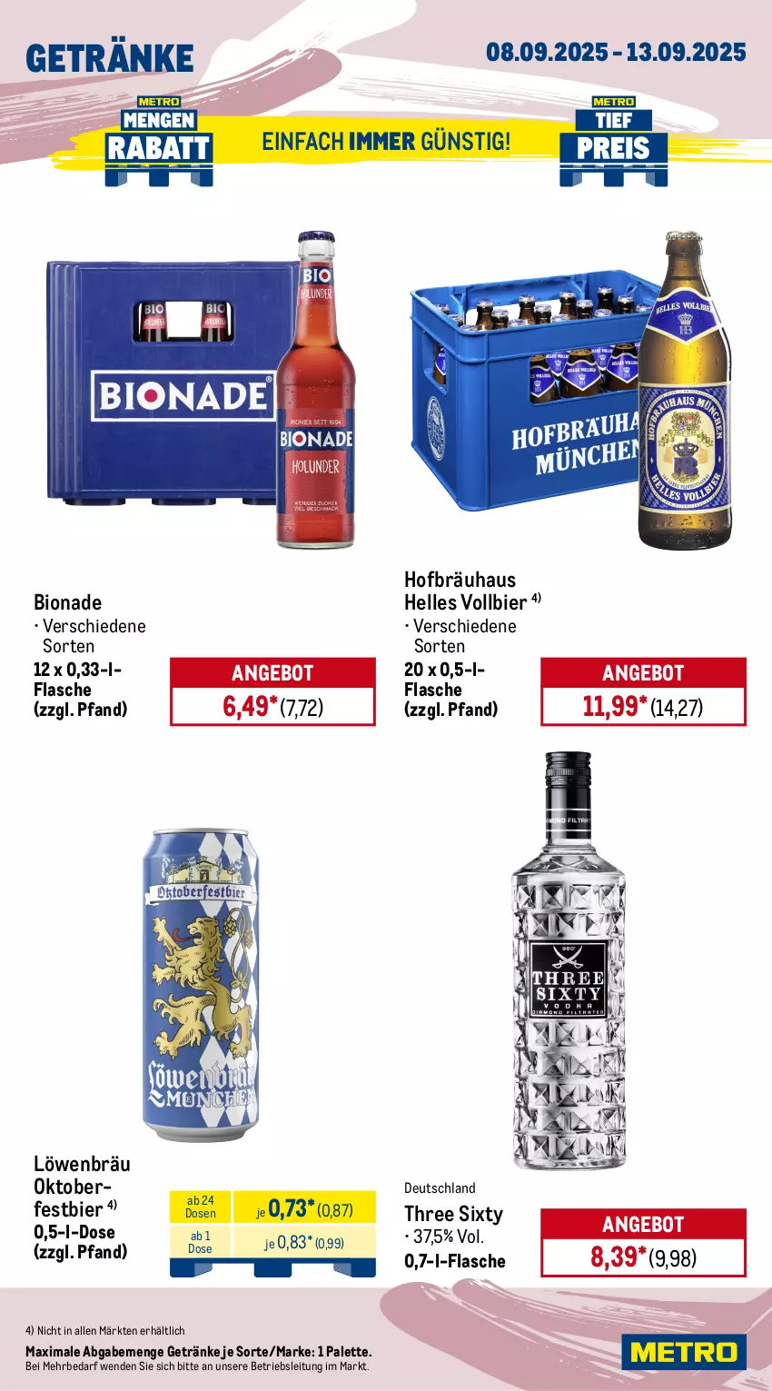 Aktueller Prospekt Metro - Wochen-Angebote - von 08.09 bis 13.09.2025 - strona 13 - produkty: angebot, beutel, bier, bio, bionade, bohne, caffe, coca-cola, cola, eis, elle, espresso, flasche, getränk, getränke, jacobs, jacobs krönung, käfer, lindor, lindt, Metro, oder espresso, Palette, reis, Three Sixty, Ti