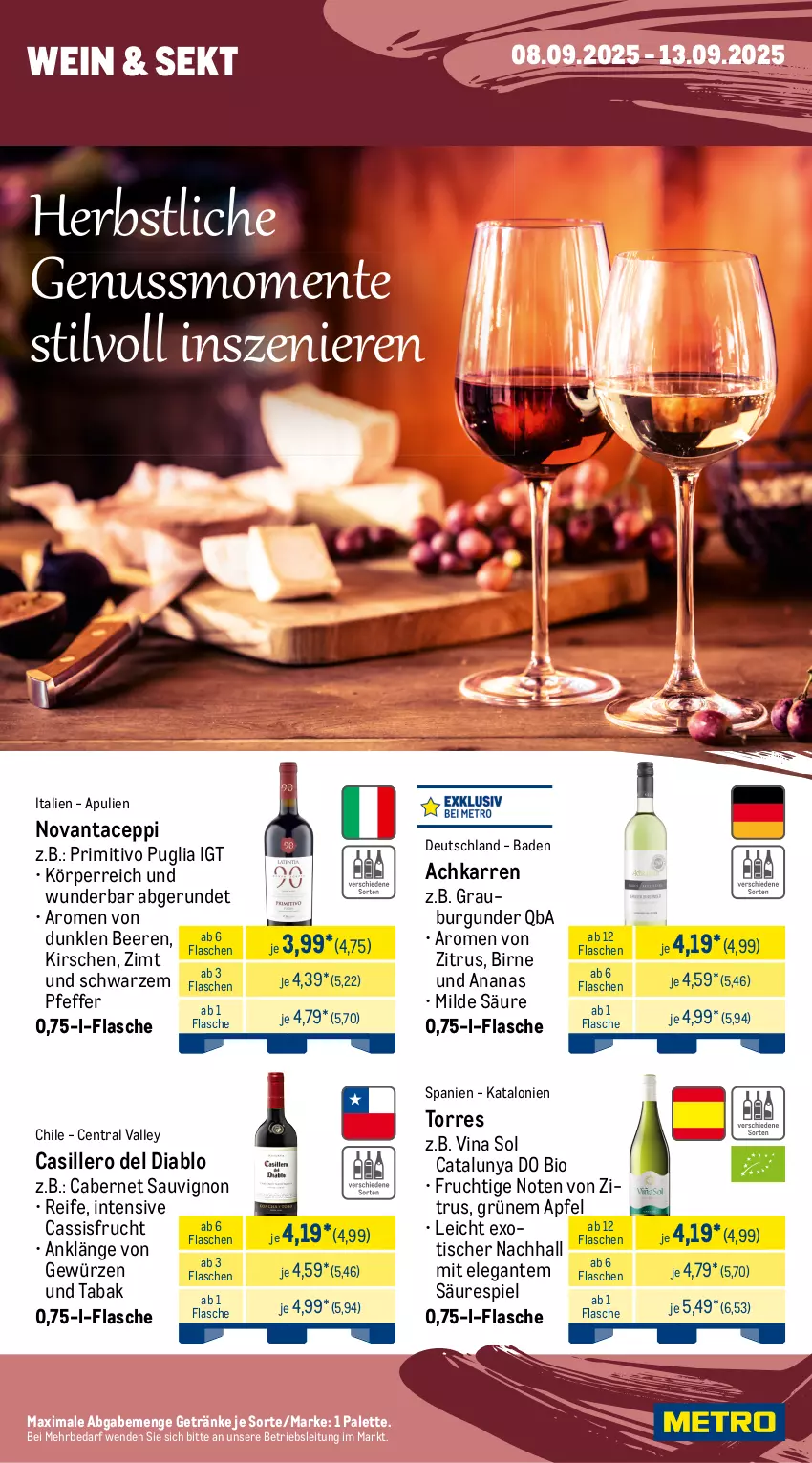 Aktueller Prospekt Metro - Wochen-Angebote - von 08.09 bis 13.09.2025 - strona 14 - produkty: aldi, ananas, angebot, apfel, Bad, beere, beeren, bio, blume, blumen, burgunder, cabernet, cabernet sauvignon, cassis, champagne, eis, ente, flasche, frucht, früchte, früchten, getränk, getränke, gewürz, grauburgunder, grüner veltliner, honig, honigmelone, kabinett, kirsch, kirsche, kirschen, leine, mac, mandarine, mandarinen, melone, nuss, Palette, perla, pfeffer, primitivo, Rauch, reifen, rioja, sauvignon, sekt, Ti, tisch, usb, wein