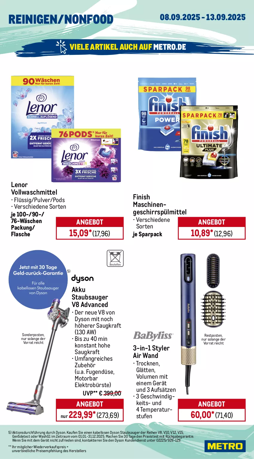 Aktueller Prospekt Metro - Wochen-Angebote - von 08.09 bis 13.09.2025 - strona 17 - produkty: akku, angebot, bürste, Dyson, eis, Elektro, elle, Finish, flasche, frucht, früchte, früchten, Germ, geschirr, geschirrspülmittel, getränk, getränke, jägermeister, jules mumm, kraft, kräuter, kräuterlikör, lenor, likör, mac, Meister, Metro, mumm, orange, Palette, passo, Pods, primitivo, reis, sac, sekt, sonderposten, spülmittel, staubsauger, teller, Ti, Tiere, trauben, vollwaschmittel, waschmittel
