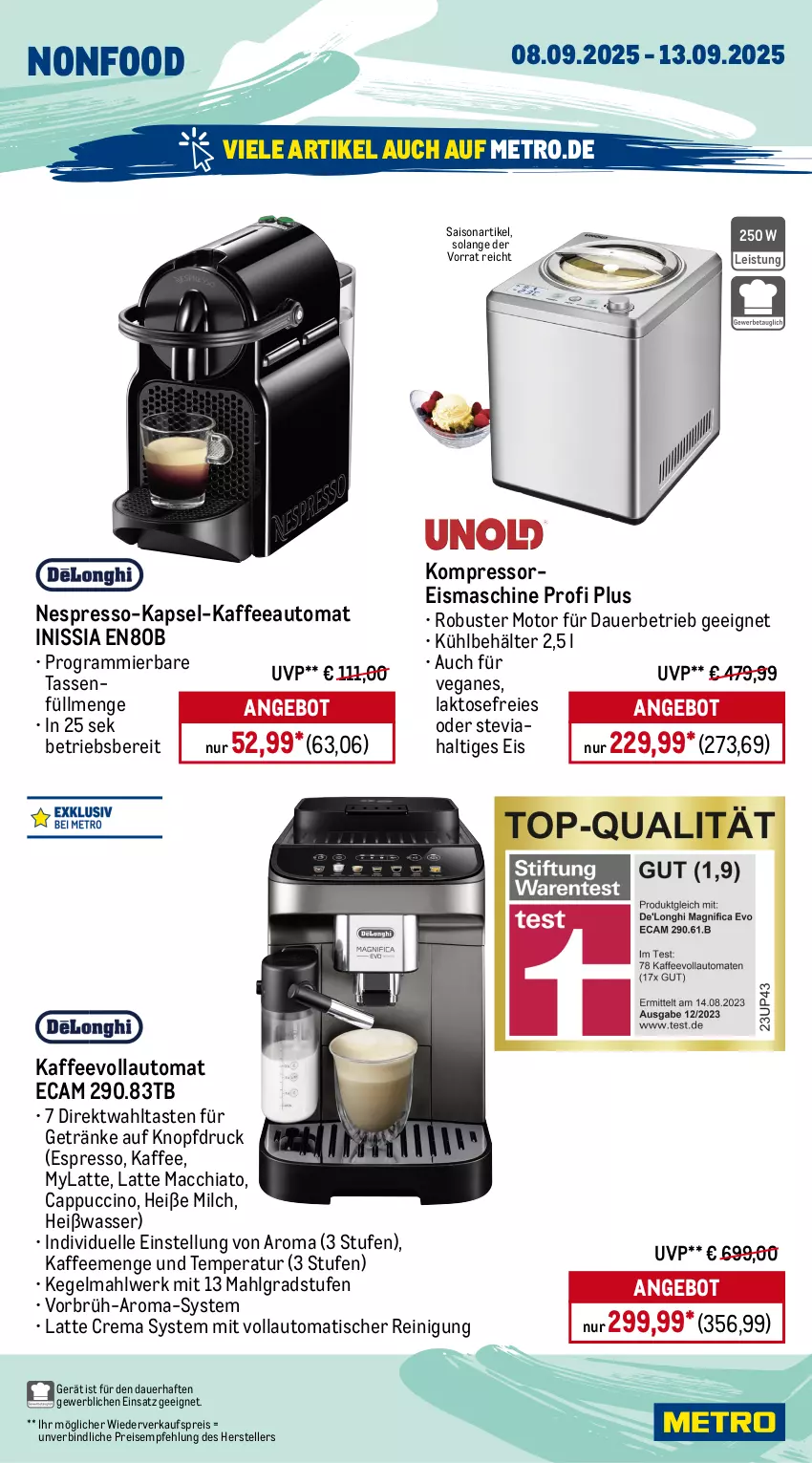 Aktueller Prospekt Metro - Wochen-Angebote - von 08.09 bis 13.09.2025 - strona 21 - produkty: ACC, akku, angebot, auer, auto, Behälter, Cap, cappuccino, chia, cin, eis, eismaschine, elle, espresso, getränk, getränke, handmixer, kaffee, kaffeeautomat, kaffeevollautomat, kompressor, küche, Küchen, küchenmaschine, latte, latte macchiato, LG, mac, macchiato, Metro, milch, Mixer, nespresso, Reinigung, reis, schoko, schokolade, senf, tasse, teller, Ti, tisch, Waage, wasser