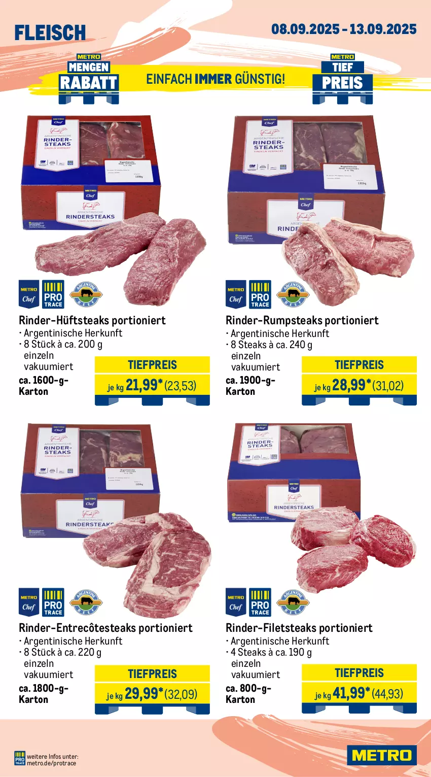 Aktueller Prospekt Metro - Wochen-Angebote - von 08.09 bis 13.09.2025 - strona 4 - produkty: Abtei, angebot, angebote, aqua, eis, entrecôte, filet, filets, fisch, fische, Fischer, fleisch, frischfisch, früchte, hüftsteak, hüftsteaks, kabeljaufilet, lachs, lachsfilet, meeresfrüchte, Metro, Muscheln, reis, rind, rinder, rinder-rumpsteak, rum, rumpsteak, rwe, Schere, steak, steaks, Ti, tiefpreis, Wild