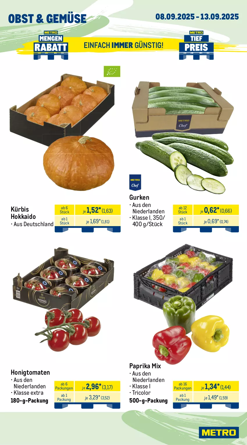 Aktueller Prospekt Metro - Wochen-Angebote - von 08.09 bis 13.09.2025 - strona 8 - produkty: angebot, butter, géramont, gurke, gurken, honig, Honigtomaten, Käse, Kürbis, mac, markenbutter, milch, milka, milkana, obst, paprika, paprika mix, salz, Schal, Schale, Ti, tomate, tomaten, weichkäse, weihenstephan