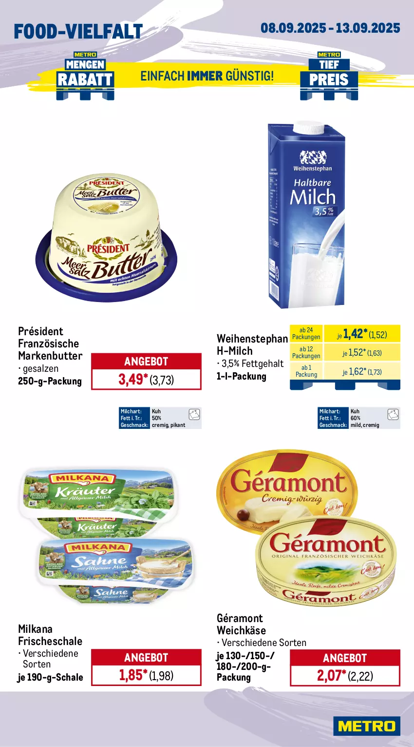 Aktueller Prospekt Metro - Wochen-Angebote - von 08.09 bis 13.09.2025 - strona 9 - produkty: angebot, butter, géramont, gurke, gurken, honig, Honigtomaten, Käse, Kürbis, mac, markenbutter, milch, milka, milkana, obst, paprika, paprika mix, salz, Schal, Schale, Ti, tomate, tomaten, weichkäse, weihenstephan