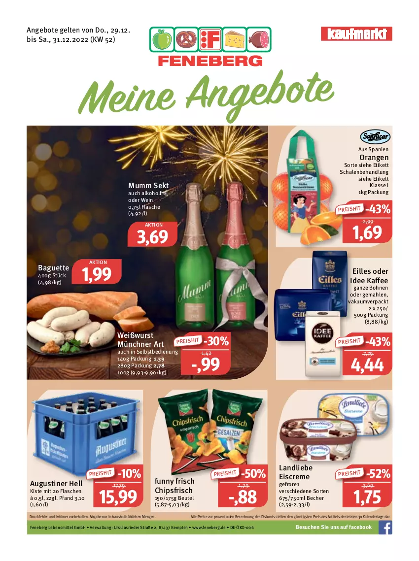 Aktueller Prospekt Feneberg - Prospekte - von 29.12 bis 31.12.2022 - strona 1 - produkty: alkohol, angebot, angebote, baguette, Becher, beutel, bohne, bohnen, chips, chipsfrisch, creme, eis, eiscreme, elle, flasche, Funny Frisch, kaffee, kaffee ganze bohnen, landliebe, landliebe eiscreme, lebensmittel, mumm, orange, orangen, reis, Schal, Schale, sekt, Ti, wein, Weißwurst, wurst, ZTE