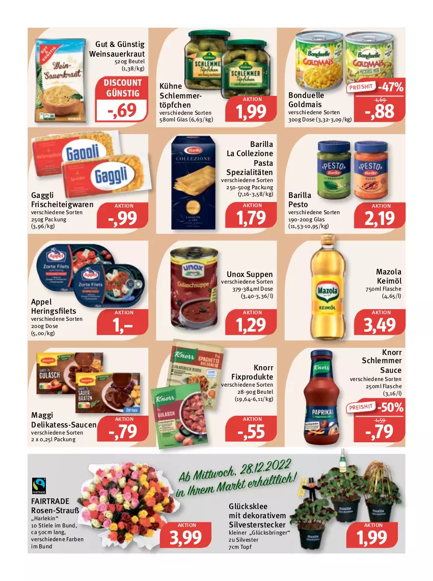 Aktueller Prospekt Feneberg - Prospekte - von 29.12 bis 31.12.2022 - strona 8 - produkty: auer, barilla, beutel, bonduelle, bonduelle goldmais, discount, eis, elle, filet, filets, flasche, gaggli, glücksklee, Goldmais, hering, Herings, heringsfilets, keimöl, knorr, knorr fix, Kraut, Kühne, leine, maggi, mais, mazola, pasta, pesto, reis, ring, rosen, sauce, saucen, Sauerkraut, schlemmertöpfchen, Spezi, suppe, suppen, teigwaren, Ti, topf, Töpfchen, wein, Weinsauerkraut