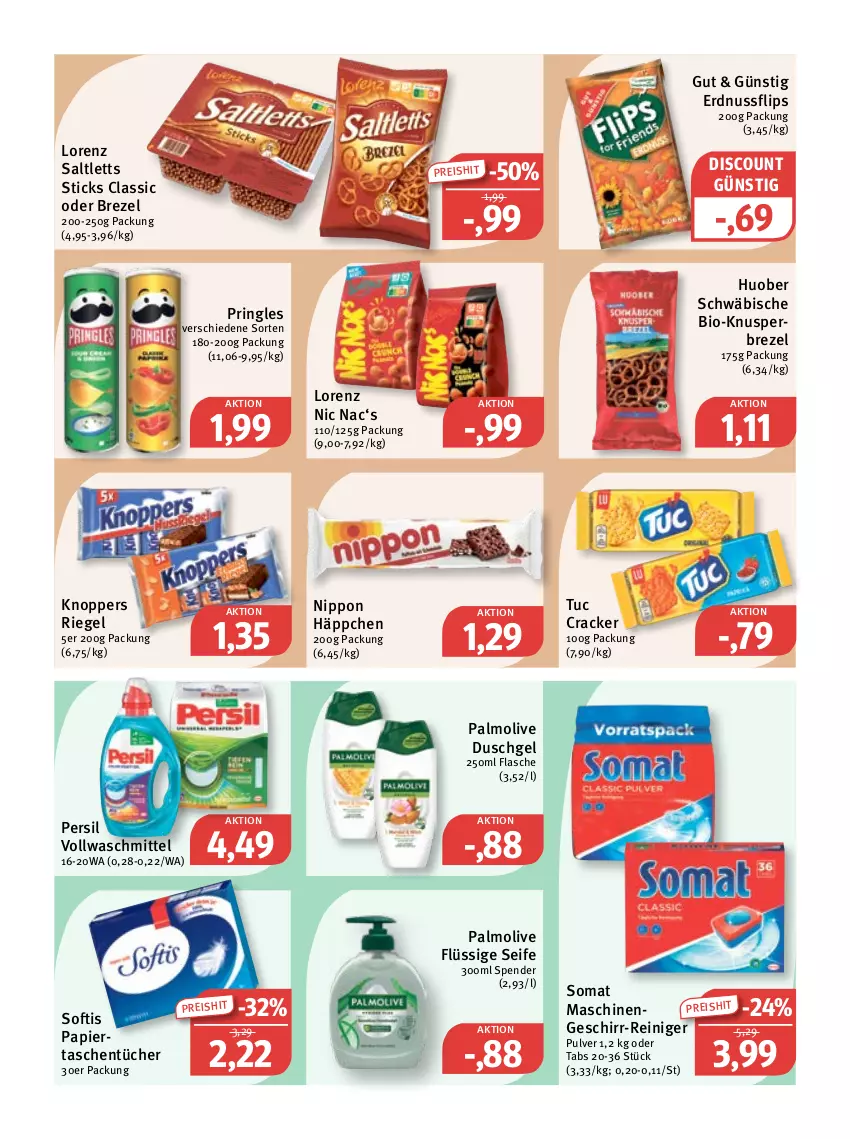 Aktueller Prospekt Feneberg - Prospekte - von 29.12 bis 31.12.2022 - strona 9 - produkty: bio, brezel, cracker, discount, duschgel, eis, erdnuss, flasche, geschirr, huober, knoppers, lorenz, nippon, nuss, olive, palmolive, papier, persil, pringles, reiniger, reis, riegel, ring, saltletts, Seife, somat, Tasche, taschen, taschentücher, Ti, tuc, tücher, vollwaschmittel, waschmittel