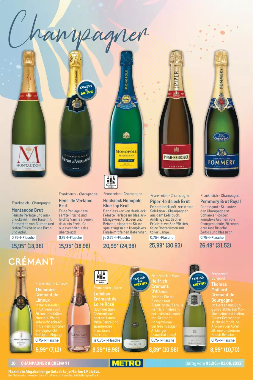 Aktueller Prospekt Metro - Sommerwein Spezial - von 05.05 bis 01.06.2022 - strona 10 - produkty: apfel, aprikose, aprikosen, blume, blumen, Bourgogne, brut, buch, champagne, champagner, crémant de loire, eis, ente, flasche, frucht, früchte, früchten, getränk, getränke, Hefe, Henri de Verlaine, honig, honigmelone, limo, mais, mandel, mandeln, melone, nuss, orange, orangen, Palette, perla, pfirsich, reifen, reis, sac, saft, Schal, Schale, Ti, tisch, vanille, zitrone, zitronen