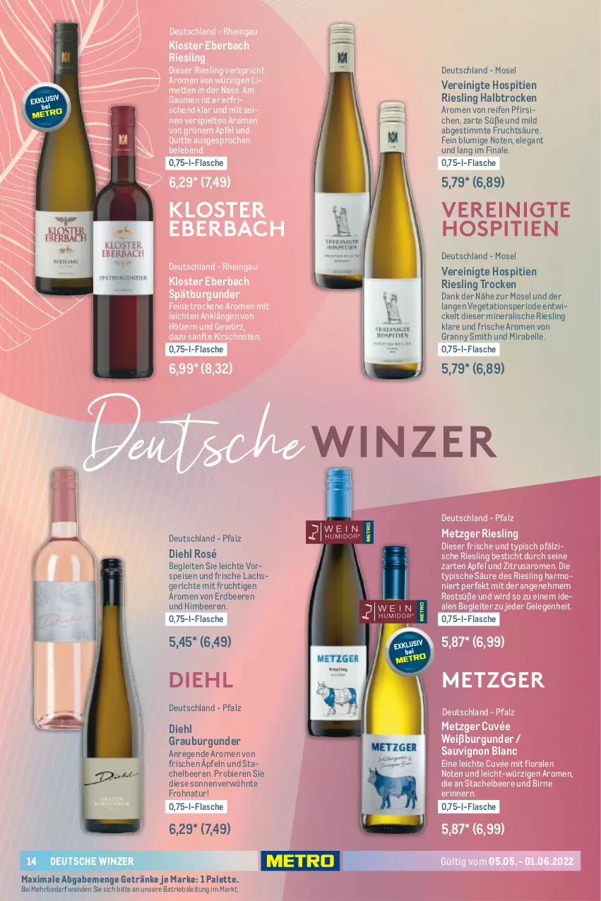 Aktueller Prospekt Metro - Sommerwein Spezial - von 05.05 bis 01.06.2022 - strona 14 - produkty: apfel, beere, beeren, bier, Biere, burgunder, cuvée, eis, elle, erdbeere, erdbeeren, flasche, frucht, getränk, getränke, gewürz, grauburgunder, himbeer, himbeere, himbeeren, kirsch, Kloster Eberbach, lachs, limette, limetten, Mett, metten, mit frucht, natur, Palette, pfirsich, pfirsiche, reifen, riesling, saro, sauvignon, sauvignon blanc, spätburgunder, Stachelbeeren, Ti, Vegeta, vorspeise, Weißburgunder, WICK