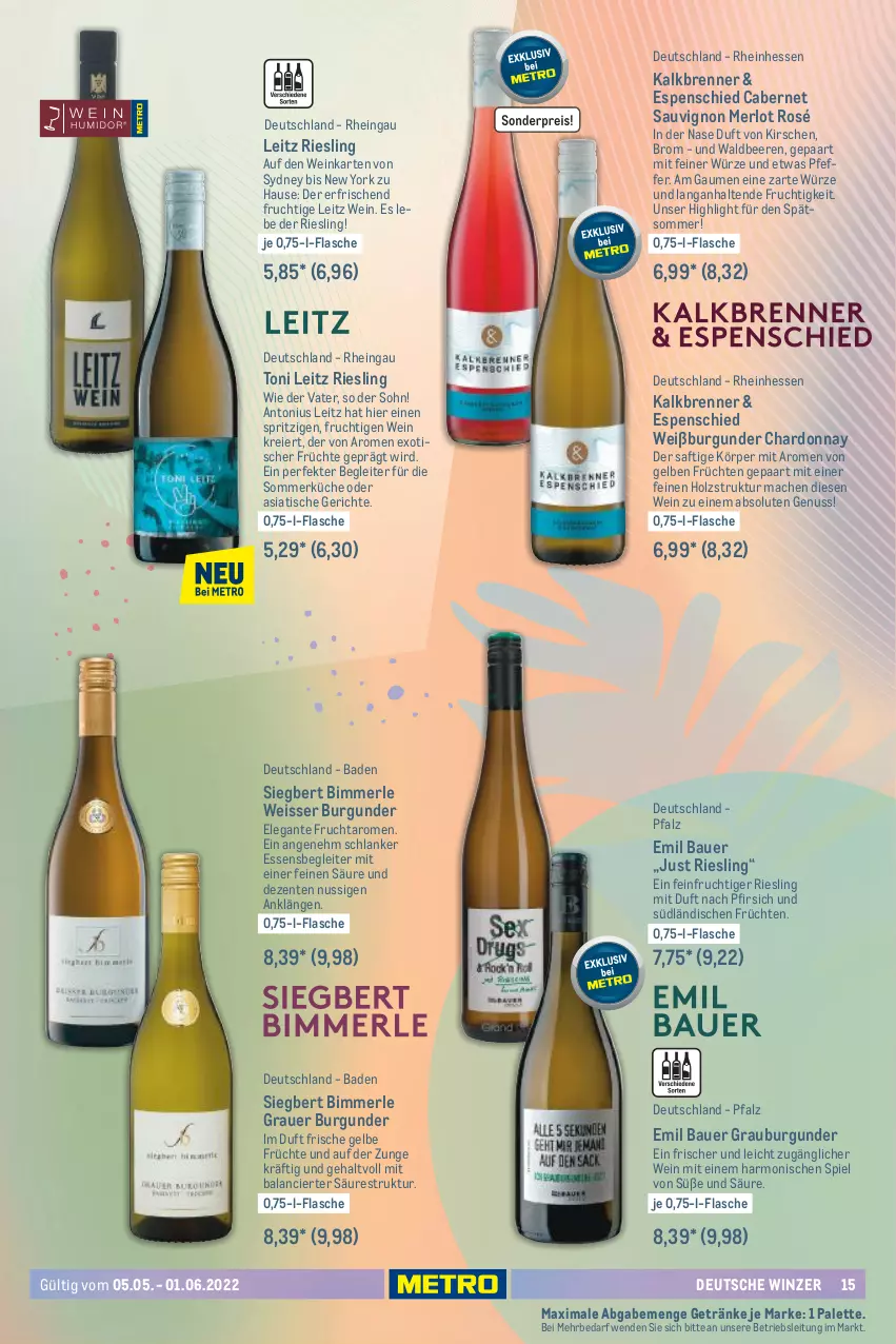 Aktueller Prospekt Metro - Sommerwein Spezial - von 05.05 bis 01.06.2022 - strona 15 - produkty: auer, Bad, Bau, Bauer, beere, beeren, burgunder, cabernet, cabernet sauvignon, chardonnay, eier, eis, ente, flasche, frucht, früchte, früchten, getränk, getränke, grauburgunder, grauer burgunder, Holz, kirsch, kirsche, kirschen, küche, leitz, mac, merl, merlot, nuss, Palette, pfeffer, pfirsich, reis, riesling, saft, sauvignon, Ti, tisch, wein, Weißburgunder, Yo