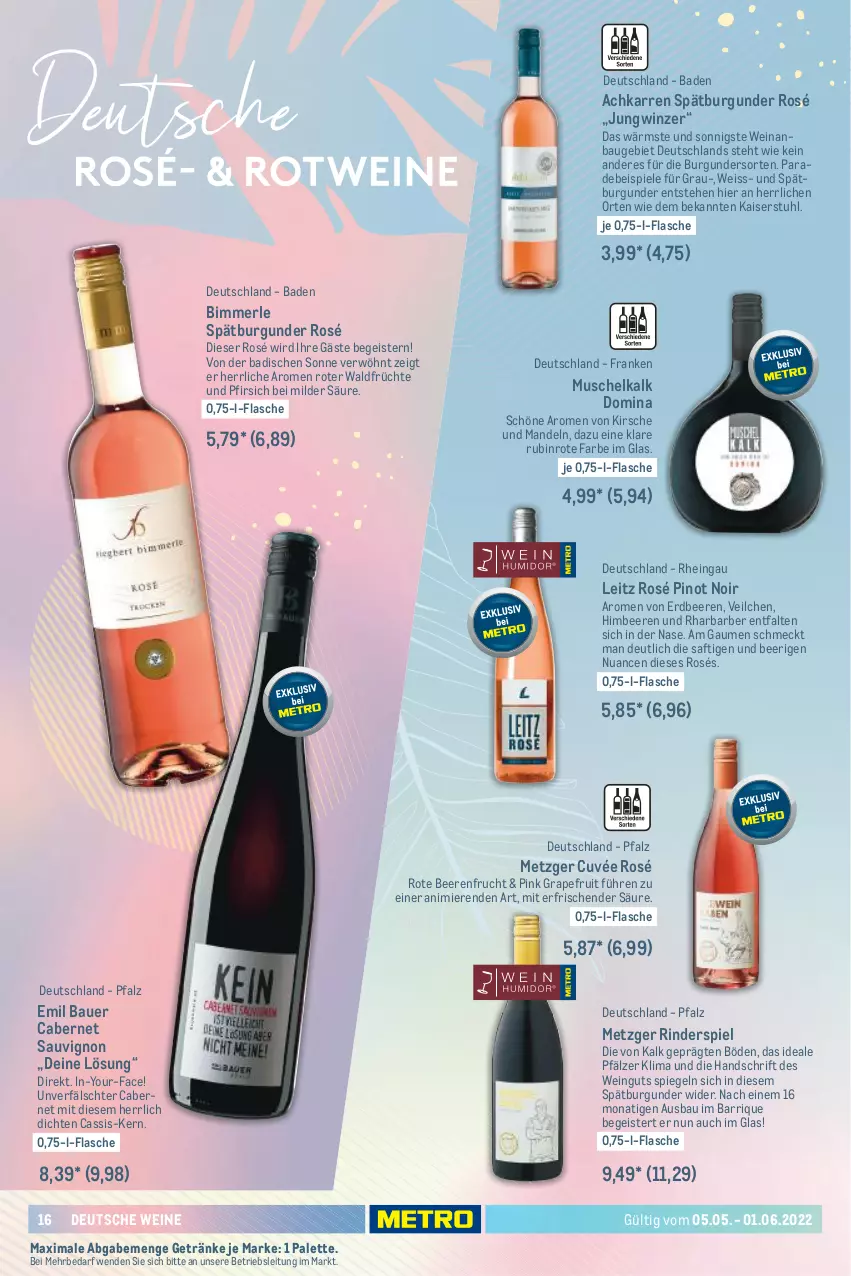 Aktueller Prospekt Metro - Sommerwein Spezial - von 05.05 bis 01.06.2022 - strona 16 - produkty: auer, Bad, Bau, Bauer, beere, beeren, burgunder, cabernet, cabernet sauvignon, cassis, cuvée, eis, erdbeere, erdbeeren, flasche, frucht, früchte, getränk, getränke, grapefruit, himbeer, himbeere, himbeeren, Kaiser, kirsch, kirsche, leitz, mandel, mandeln, merl, monati, Nuance, Palette, pfirsich, Pinot, pinot noir, rind, rinder, Rubin, saft, sauvignon, spätburgunder, spiegel, Spiele, stuhl, Ti, usb, wein, weine, Yo