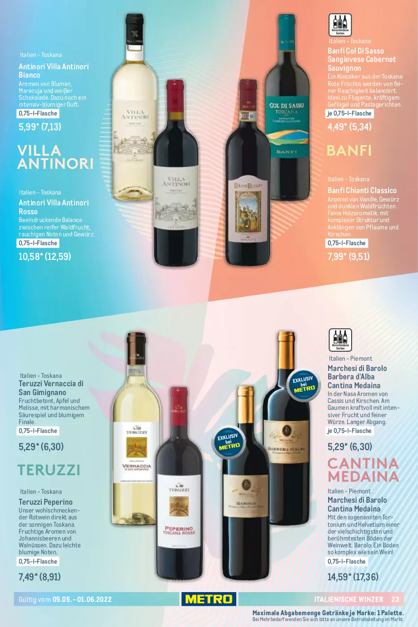 Aktueller Prospekt Metro - Sommerwein Spezial - von 05.05 bis 01.06.2022 - strona 23 - produkty: ACC, apfel, Barolo, beere, beeren, blume, blumen, cabernet, cabernet sauvignon, cassis, chia, chianti, classico, ente, erde, flasche, frucht, früchte, früchten, Geflügel, getränk, getränke, gewürz, Holz, johannisbeere, Johannisbeeren, kirsch, kirsche, kirschen, kraft, maracuja, Palette, pasta, Pastagericht, pflaume, Rauch, rotwein, sauvignon, schoko, schokolade, Ti, vanille, wein