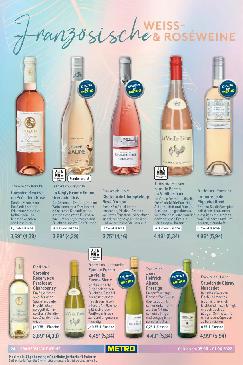 Aktueller Prospekt Metro - Sommerwein Spezial - von 05.05 bis 01.06.2022 - strona 24 - produkty: beere, beeren, blume, blumen, chardonnay, cin, Corsaire, eis, elle, erdbeere, erdbeeren, fisch, Fisch und Meeresfrüchte, flasche, frucht, früchte, früchten, getränk, getränke, haselnuss, himbeer, himbeere, mac, meeresfrüchte, mit frucht, Nektar, nektarinen, nuss, Palette, reis, rel, ring, rum, sac, saro, spiegel, Ti, wein, weine, Weißwein