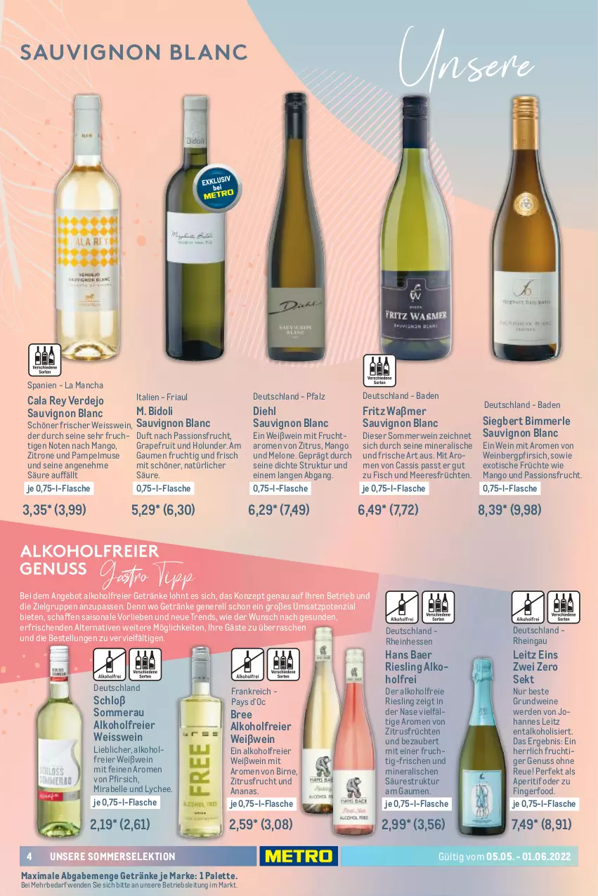 Aktueller Prospekt Metro - Sommerwein Spezial - von 05.05 bis 01.06.2022 - strona 4 - produkty: alkohol, ananas, angebot, aperitif, Bad, bree, cassis, eier, eis, elle, erde, fisch, Fisch und Meeresfrüchte, flasche, fritz, frucht, früchte, früchten, getränk, getränke, grapefruit, holunder, leitz, LG, mango, meeresfrüchte, melone, merl, mit frucht, nuss, Palette, passionsfrucht, pfirsich, rel, Ria, riesling, rwe, sauvignon, sauvignon blanc, sekt, Ti, tisch, wein, weine, Weißwein, zitrone