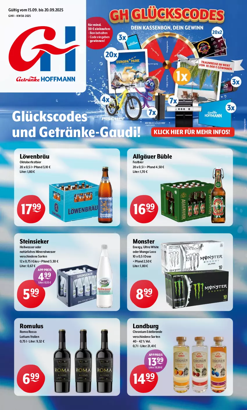 Aktueller Prospekt Getraenke Hoffmann - Prospekte - von 15.09 bis 20.09.2025 - strona 1 - produkty: Alwa, bier, eis, getränk, getränke, LG, mango, mineralwasser, monster, natürliches mineralwasser, reis, Steinsieker, Ti, wasser