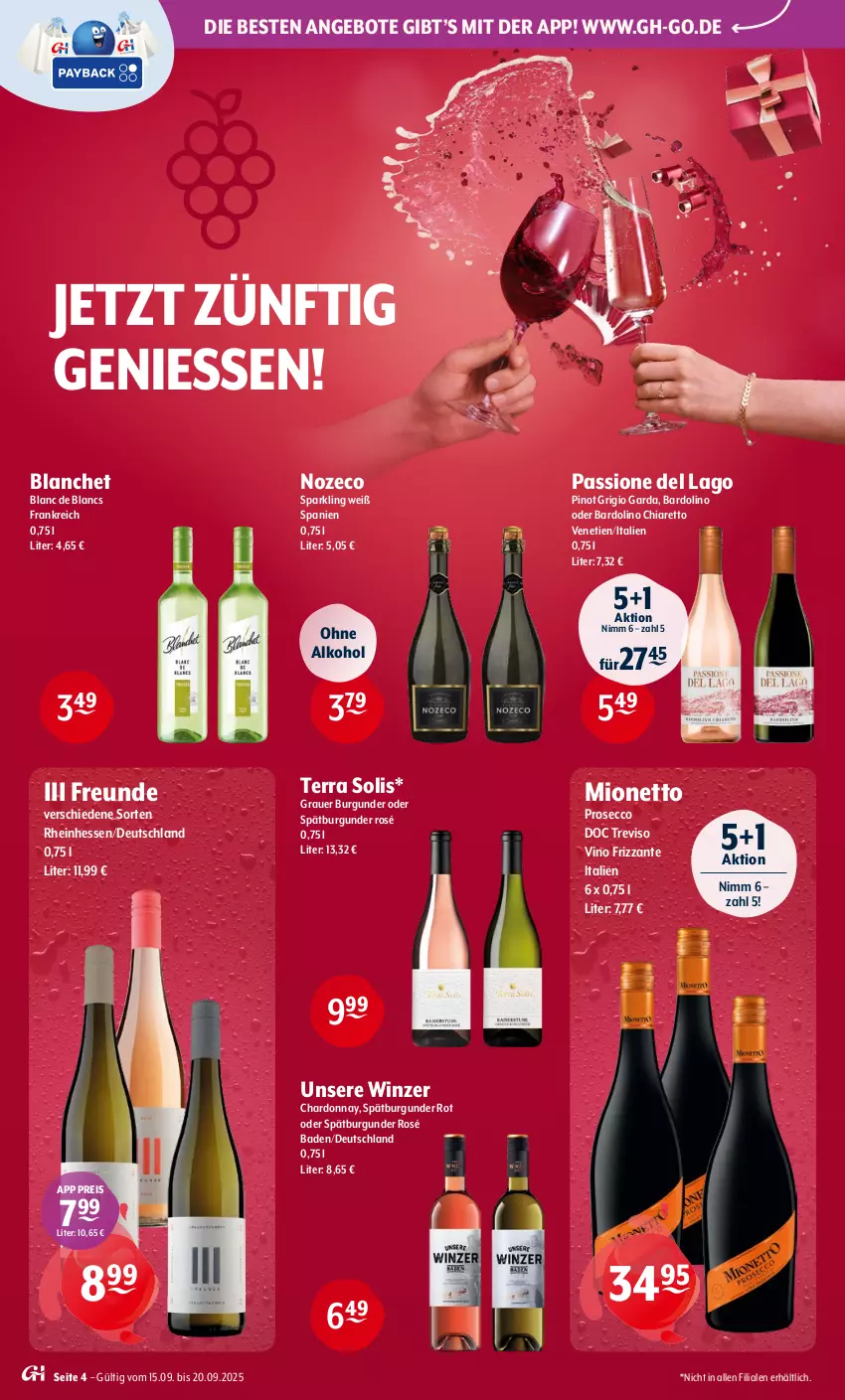 Aktueller Prospekt Getraenke Hoffmann - Prospekte - von 15.09 bis 20.09.2025 - strona 4 - produkty: alkohol, angebot, angebote, auer, Bad, burgunder, chardonnay, chia, de blancs, ecco, eis, frizzante, grauer burgunder, mionetto, ohne alkohol, Pinot, pinot grigio, prosecco, reis, spätburgunder, Ti