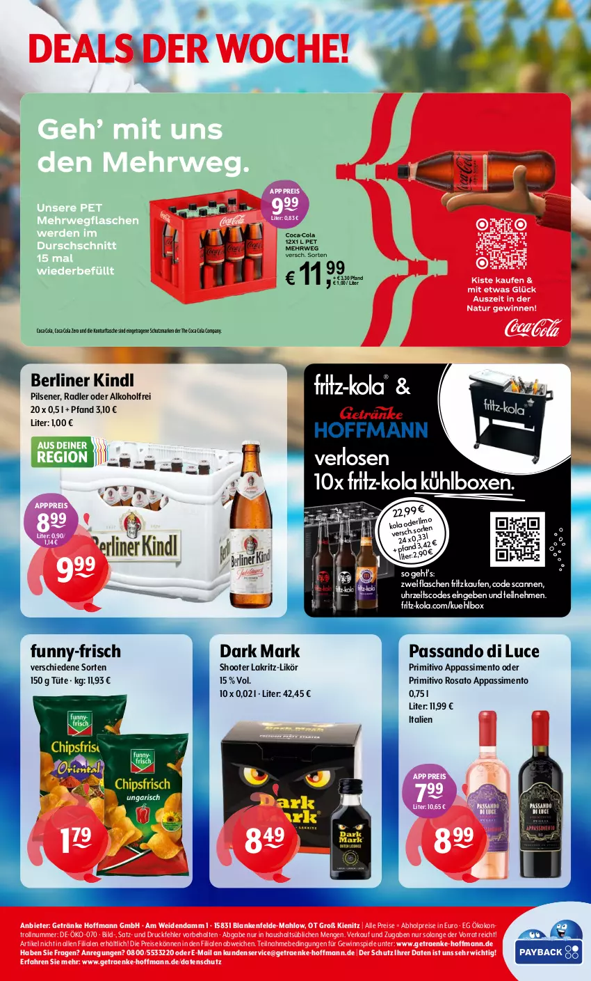 Aktueller Prospekt Getraenke Hoffmann - Prospekte - von 15.09 bis 20.09.2025 - strona 8 - produkty: abholpreise, alkohol, berliner, berliner kindl, eis, ente, flasche, fritz, fritz-kola, funny-frisch, getränk, getränke, gewinnspiel, kühlbox, Lakritz, likör, limo, pils, pilsener, primitivo, radler, reis, rosato, sim, Spiele, Ti, Tüte, uhr