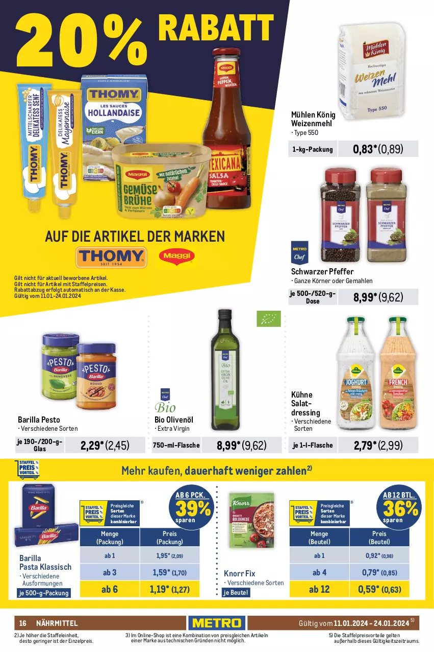 Aktueller Prospekt Metro - Food - NonFood - von 11.01 bis 24.01.2024 - strona 16 - produkty: ananas, auer, auto, barilla, beutel, bio, cirio, dressing, eintöpfe, eis, erasco, filet, filets, flasche, gin, hering, Herings, heringsfilets, knorr, knorr fix, Konserven, Kühne, LG, mandarin-orangen, mehl, meica, Metro, olive, oliven, olivenöl, orange, orangen, oro di parma, pasta, pesto, pfeffer, pfirsich, pfirsiche, preisvorteil, reis, ring, salat, salatdressing, suppe, suppen, Ti, tisch, tomate, tomaten, tomatenmark, weizenmehl, würstchen