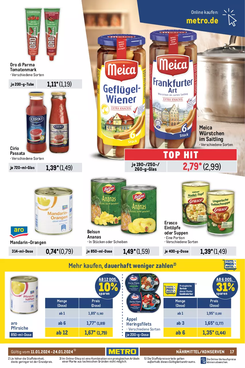 Aktueller Prospekt Metro - Food - NonFood - von 11.01 bis 24.01.2024 - strona 17 - produkty: ananas, auer, auto, barilla, beutel, bio, cirio, dressing, eintöpfe, eis, erasco, filet, filets, flasche, gin, hering, Herings, heringsfilets, knorr, knorr fix, Konserven, Kühne, LG, mandarin-orangen, mehl, meica, Metro, olive, oliven, olivenöl, orange, orangen, oro di parma, pasta, pesto, pfeffer, pfirsich, pfirsiche, preisvorteil, reis, ring, salat, salatdressing, suppe, suppen, Ti, tisch, tomate, tomaten, tomatenmark, weizenmehl, würstchen