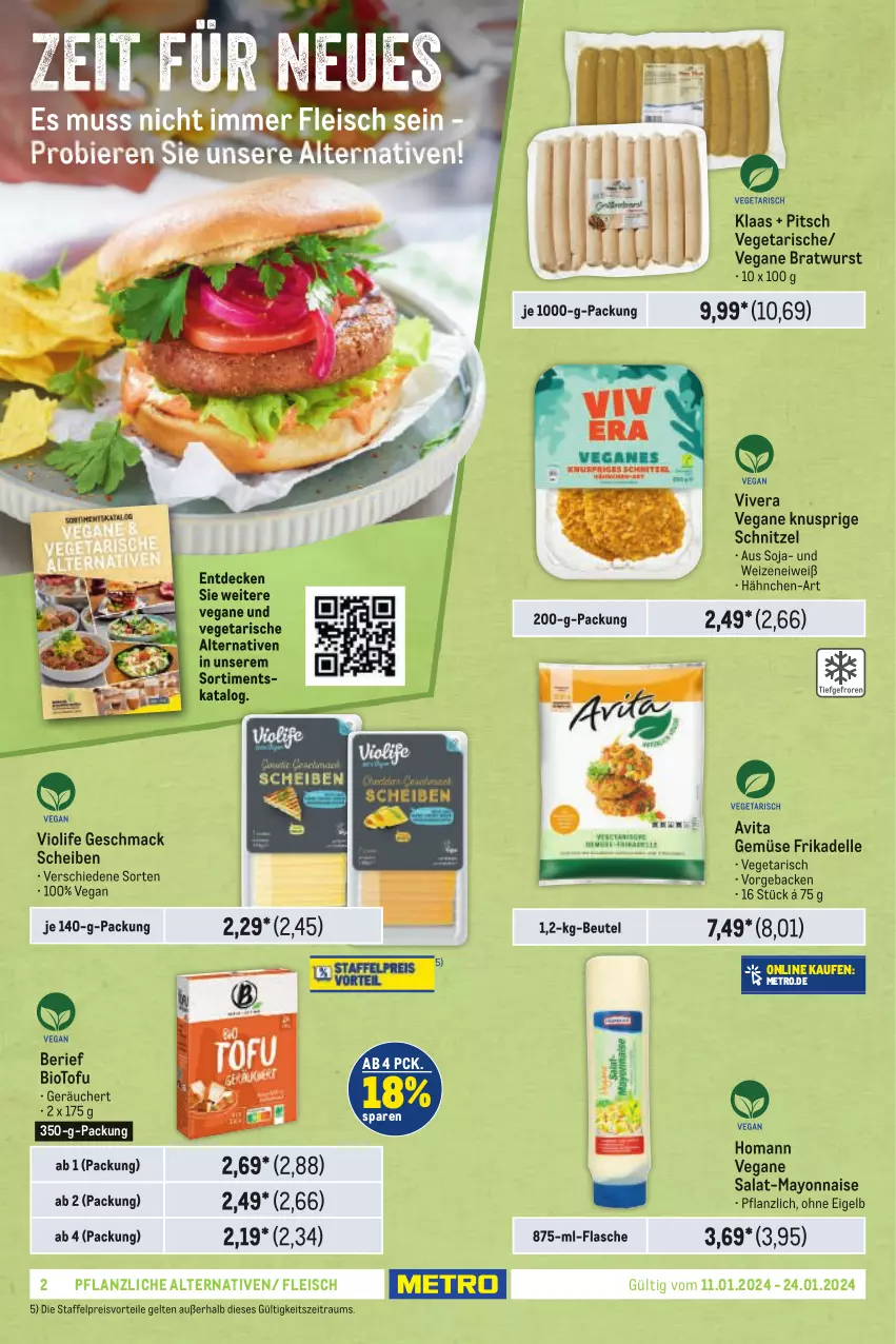 Aktueller Prospekt Metro - Food - NonFood - von 11.01 bis 24.01.2024 - strona 2 - produkty: beutel, bio, bratwurst, decke, dell, eis, elle, flasche, fleisch, geback, homann, mac, mayonnaise, Metro, preisvorteil, reis, salat, schnitzel, soja, Ti, Tofu, Vegeta, vita, wurst, Yo