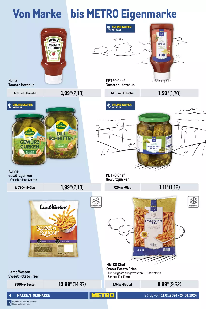 Aktueller Prospekt Metro - Food - NonFood - von 11.01 bis 24.01.2024 - strona 4 - produkty: beutel, cola, eis, elle, flasche, geback, getränk, getränke, gewürz, Gewürzgurke, gewürzgurken, gurke, gurken, heinz, irish whiskey, jameson, kartoffel, kartoffeln, ketchup, kuchen, Kühne, Metro, mozzarella, Palette, preisvorteil, reis, rel, salomon, schoko, schokolade, schokoladen, Süßkartoffeln, Ti, tomate, tomaten, tomato ketchup, top-preis, whiskey, whisky