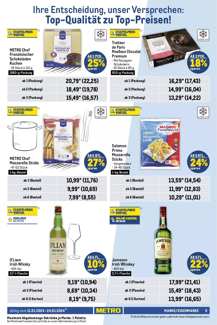 Aktueller Prospekt Metro - Food - NonFood - von 11.01 bis 24.01.2024 - strona 5 - produkty: beutel, cola, eis, elle, flasche, geback, getränk, getränke, gewürz, Gewürzgurke, gewürzgurken, gurke, gurken, heinz, irish whiskey, jameson, kartoffel, kartoffeln, ketchup, kuchen, Kühne, Metro, mozzarella, Palette, preisvorteil, reis, rel, salomon, schoko, schokolade, schokoladen, Süßkartoffeln, Ti, tomate, tomaten, tomato ketchup, top-preis, whiskey, whisky