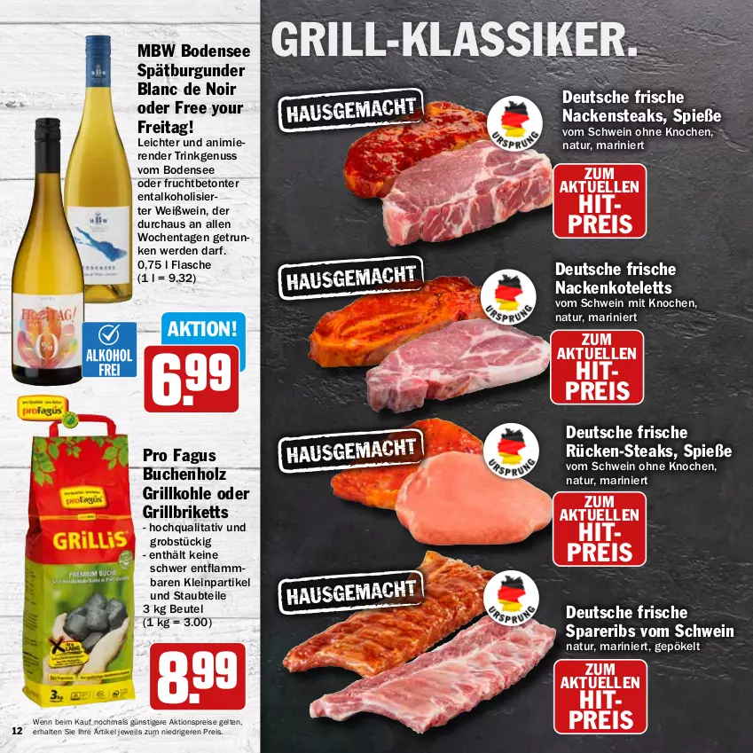 Aktueller Prospekt Hit - Wochenprospekt - von 11.08 bis 30.08.2025 - strona 12 - produkty: aktionspreis, alkohol, beutel, briketts, buch, burgunder, eis, elle, erde, flasche, frucht, grill, grillbriketts, Grillkohle, Holz, kotelett, lamm, nackenkoteletts, Nackensteak, nackensteaks, natur, nuss, obst, reis, schwein, spareribs, spätburgunder, steak, steaks, Ti, wein, Weißwein, Yo