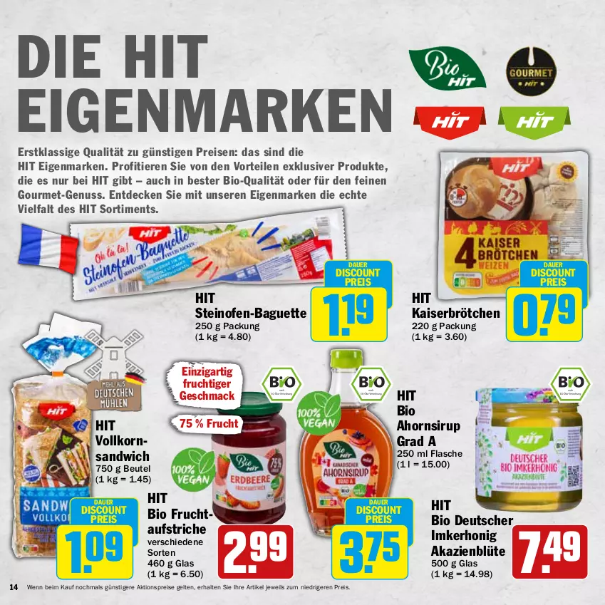 Aktueller Prospekt Hit - Wochenprospekt - von 11.08 bis 30.08.2025 - strona 14 - produkty: aktionspreis, auer, aufstrich, baguette, beutel, bio, Blüte, brötchen, decke, discount, eis, flasche, frucht, honig, Kaiser, korn, mac, nuss, Ofen, reis, sandwich, sirup, steinofen, Steinofen-Baguette, Ti, Tiere