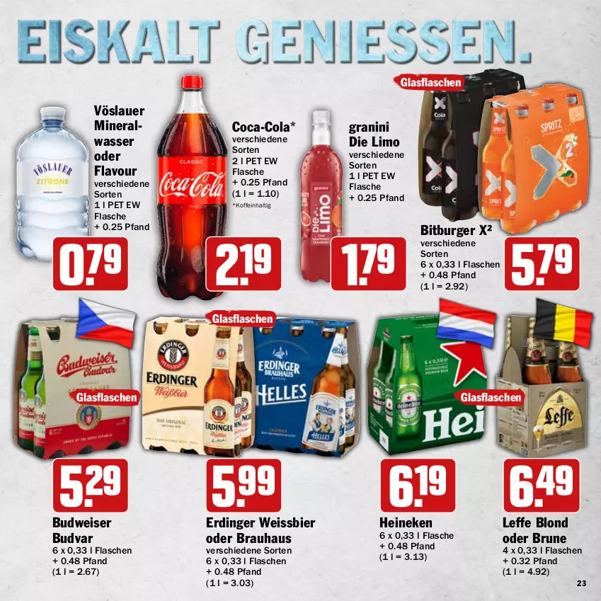 Aktueller Prospekt Hit - Wochenprospekt - von 11.08 bis 30.08.2025 - strona 23 - produkty: auer, bier, bitburger, budweiser, burger, coca-cola, cola, eis, erdinger, flasche, glasflasche, granini, granini die limo, heineken, limo, Ti, vöslauer, wasser, weissbier