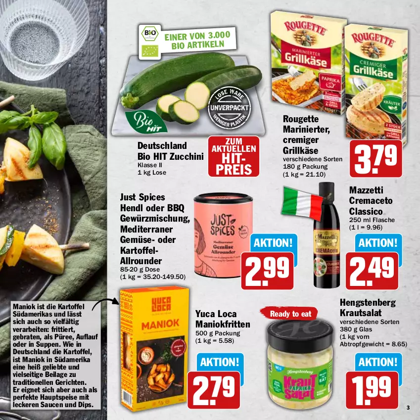 Aktueller Prospekt Hit - Wochenprospekt - von 11.08 bis 30.08.2025 - strona 3 - produkty: aceto, bio, bio hit, braten, classico, dip, eis, elle, flasche, gewürz, Gewürzmischung, grill, Grillkäse, Hendl, hengstenberg, ilag, kartoffel, Käse, Kraut, krautsalat, mac, püree, reis, rouge, rougette, salat, sauce, saucen, suppe, suppen, Ti, zucchini