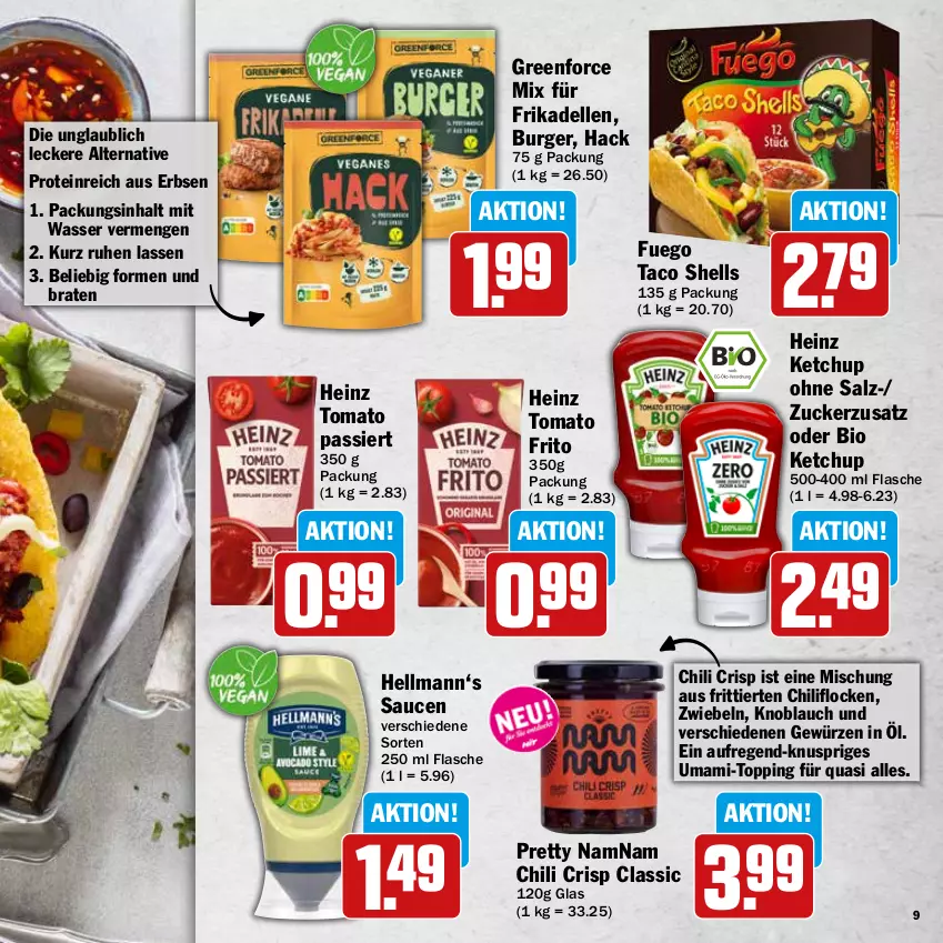 Aktueller Prospekt Hit - Wochenprospekt - von 11.08 bis 30.08.2025 - strona 9 - produkty: bio, braten, burger, chili, dell, elle, erbsen, flasche, frikadellen, gewürz, heinz, ketchup, knoblauch, mam, salz, sauce, saucen, Taco Shells, Ti, wasser, zucker, zwiebel, zwiebeln