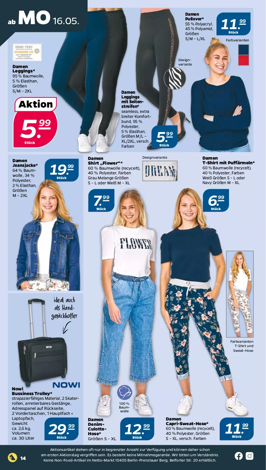 Aktueller Prospekt Netto - Angebote ab Montag - von 16.05 bis 21.05.2022 - strona 14 - produkty: auer, Bau, baumwolle, Brei, Cap, damen t-shirt, Elan, gin, hose, Jacke, jeans, Jeansjacke, koffer, Laptop, leggings, Pullover, reifen, Ria, shirt, T-Shirt, Tasche, taschen, Ti, topf, trolley, wolle, ZTE