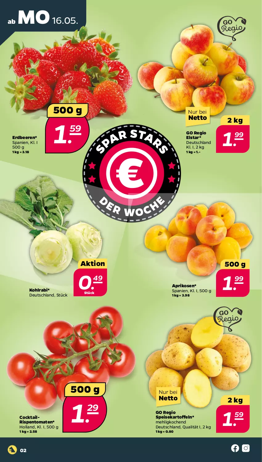 Aktueller Prospekt Netto - Angebote ab Montag - von 16.05 bis 21.05.2022 - strona 2 - produkty: aprikose, aprikosen, beere, beeren, cocktail, eis, erdbeere, erdbeeren, kartoffel, kartoffeln, kohlrabi, mehl, rispentomaten, speisekartoffeln, Ti, tomate, tomaten